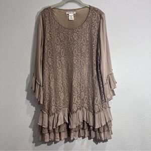 Paisley Vine Taupe Lace Ruffle-Trim Tunic Top Sz 2XL